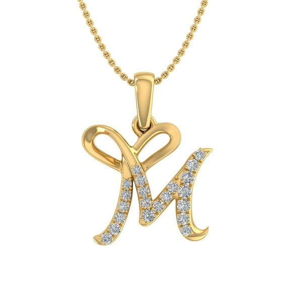 1/10 ctw Diamond Heart Initial Letter M Pendant Necklace in 10K Yellow Gold (with Silver Chain)