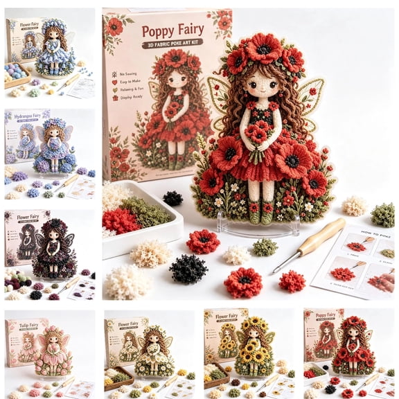 Flower Fairy 3D Fabric Poke Art Kit | Handmade Embroidery DIY Craft Project for Adults & Beginners, Decorative Punch Needle Art Kit, Creative Handmade Gift (Red)