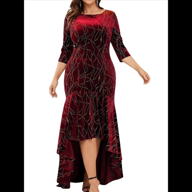 Vestidos de Talla Grande para Mujer, Vestido Formal de Terciopelo con Mangas 3/4, Corte Sirena y Dobladillo Alto y Bajo Rojo 5XL