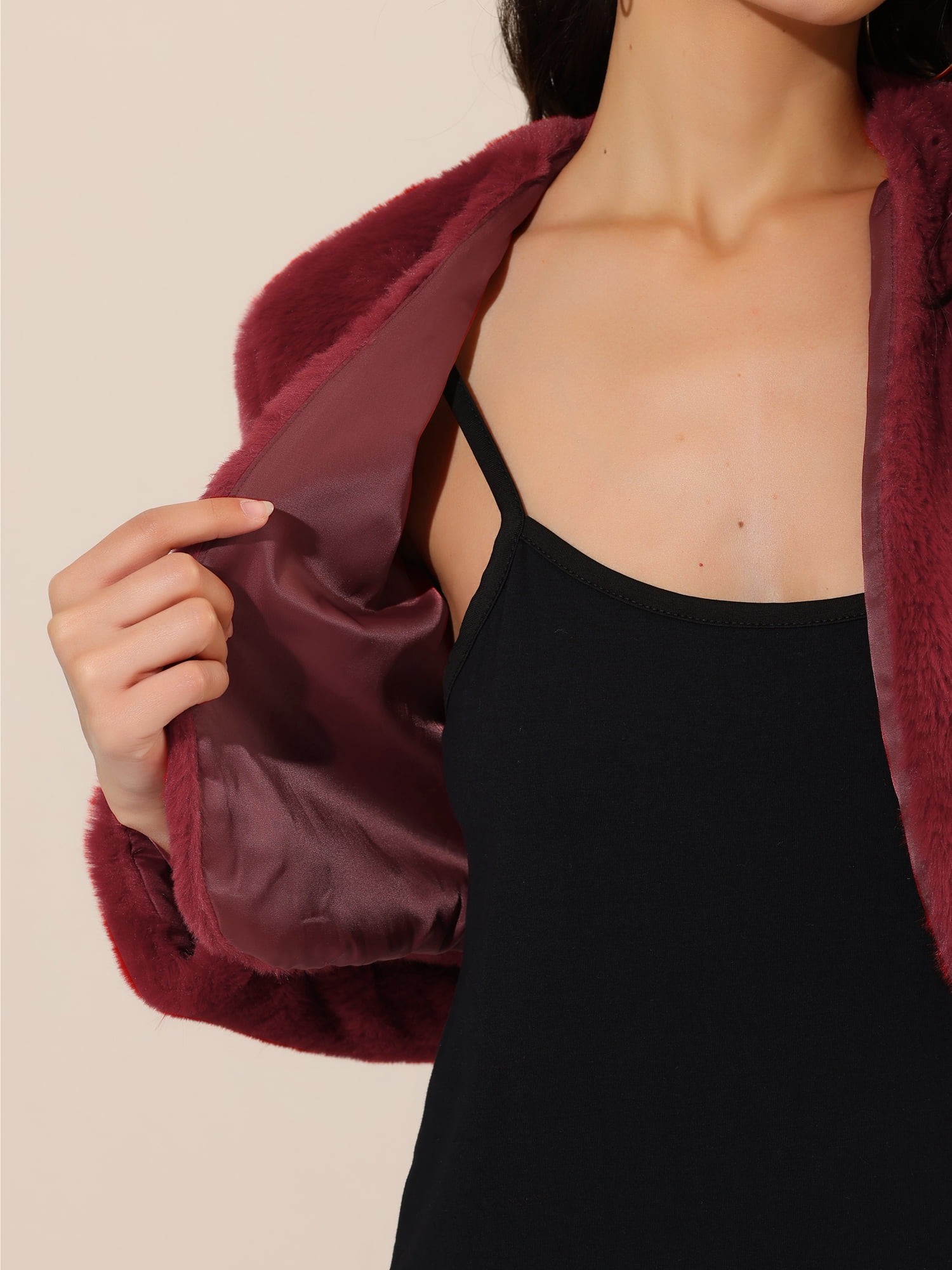 DARING DIVA Women's Cropped Open Front Faux Fur Short Shrug Jacket L Wine Red