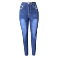 thumbnail image 6 of Women's High Waisted Skinny Jeans, Medium Wash Slim Fit Denim Pants with Worn-In Hem and Pocket Details, Stretchy Slim Leg Jeans for Women Casual Wear Blue L, 6 of 8