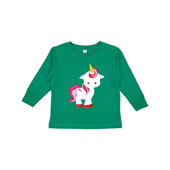Inktastic Cute Little Unicorn With Red And Pink Mane, Hearts Girls Long Sleeve Toddler T-Shirt