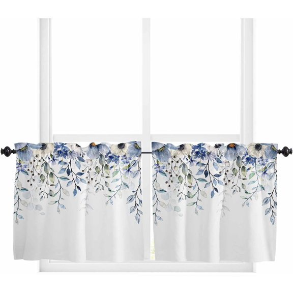 Elegant Tulip Kitchen Curtain 2 Panels Tiers Curtains 24 Inch Length, Curtains Rod Pocket Curtains Window Drapes Treatment Window Cafe Curtains Modern Simple White Eucalyptus Blue Flower 55x24