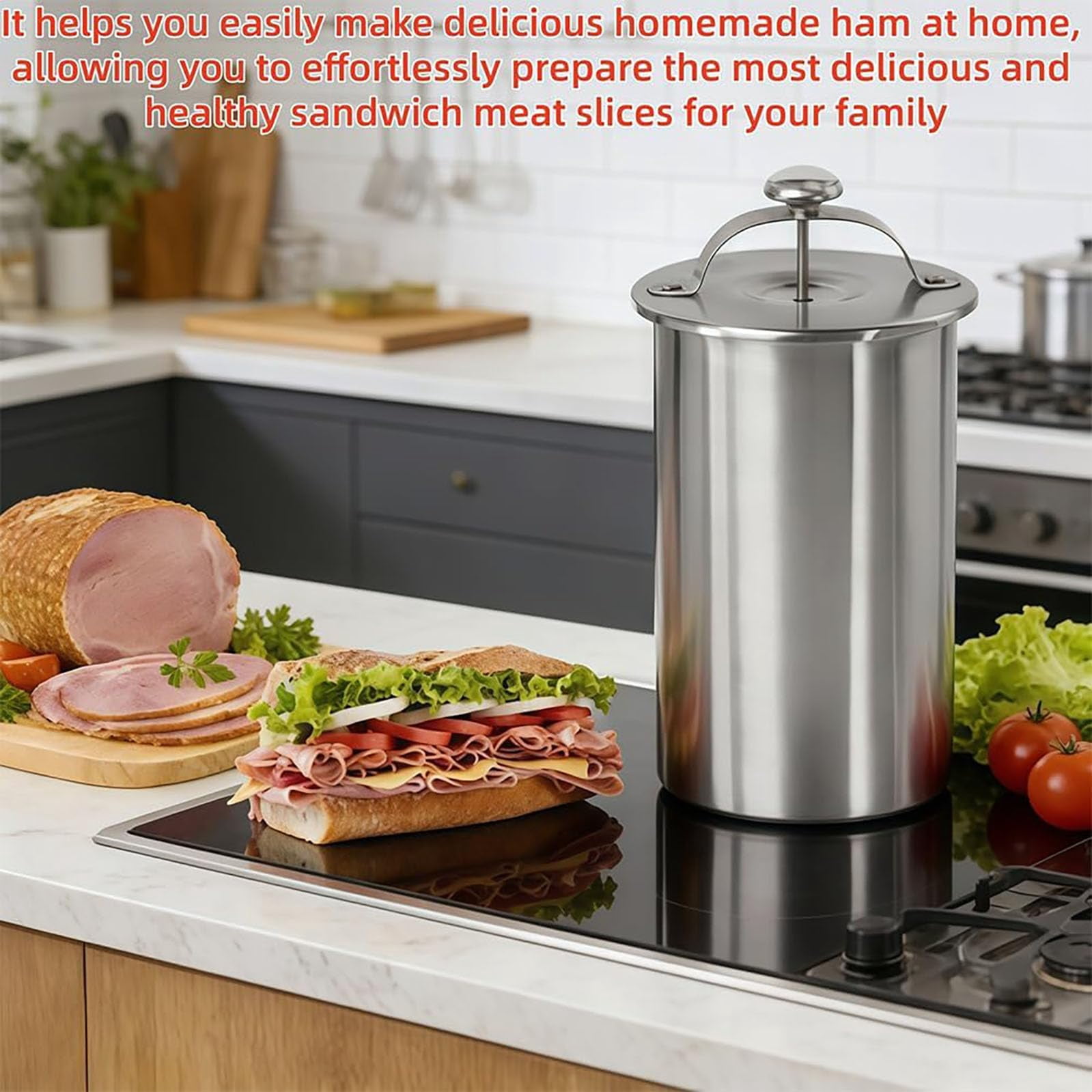 Stainless Steel Deli Meat Press with Thermometer & Spring Mechanism,Meat Press Mold for Deli,Presss for Healthy Home Cooking.