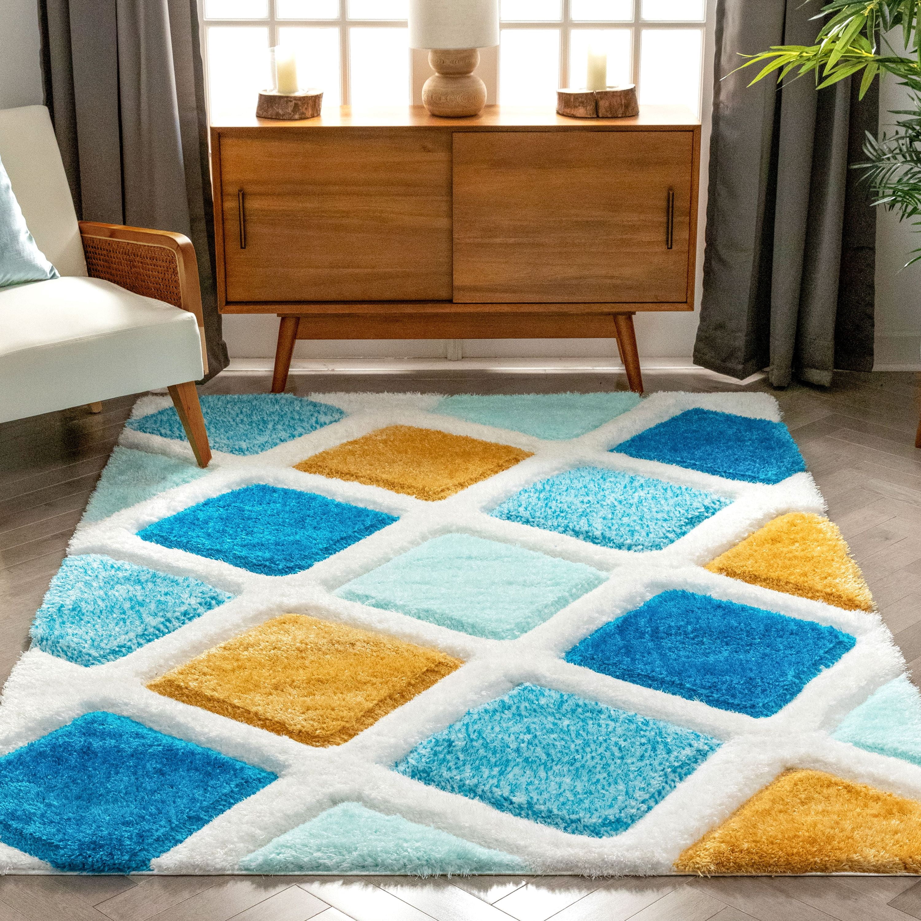 Well Woven San Francisco Posh Blue Modern Geometric 3D Textured Shag 2'7" x 9'10" Runner Area Rug