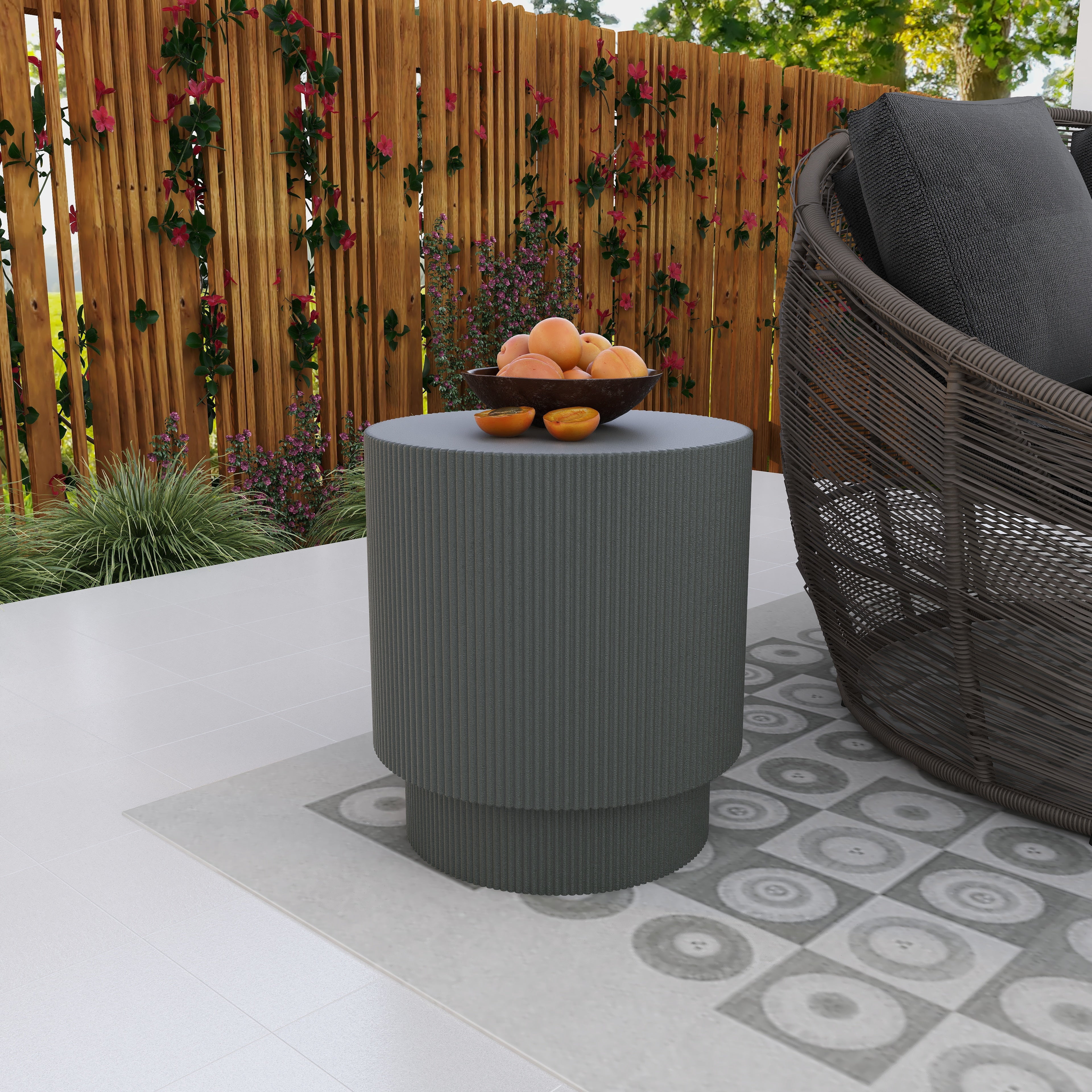 LeisureMod Modern Side Table Round Fiberstone Top Accent End Table for Home, Outdoor Patio, Living Room Sofa, Weather-Resistant, Eden Series in Grey