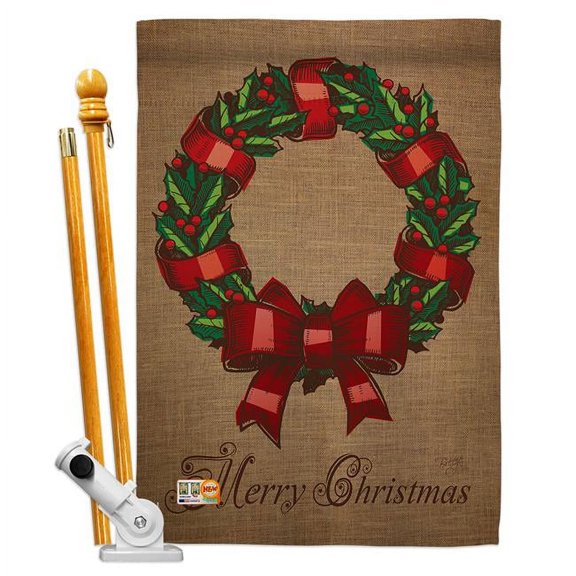 Breeze Decor BD-XM-HS-114108-IP-BO-D-US14-BD 28 x 40 in. Wreath Winter Christmas Impressions Decorative Vertical Double Sided House Flag Set with Pole Bracket & Hardware