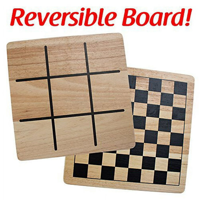 Regal Games - Reversible Wooden Board for Chess, Checkers & Tic-Tac-Toe -  24 Interlocking Wooden Checkers and 32 Standard Chess Pieces - for Age 8 to