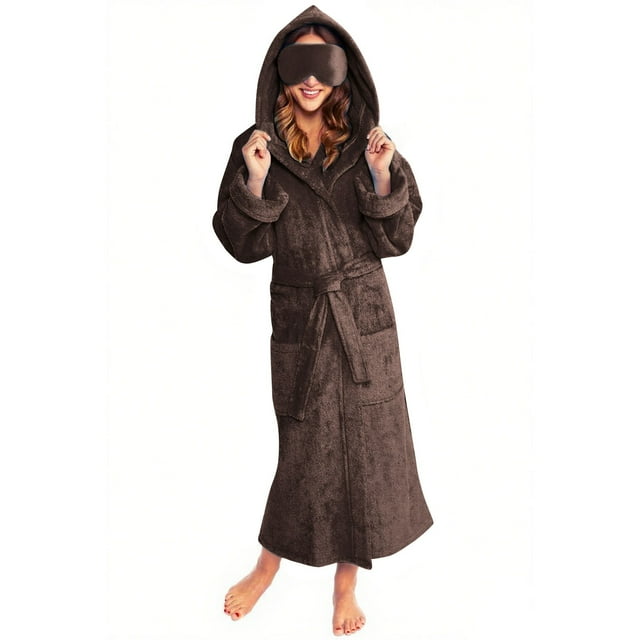 Women's Plush Hooded Fleece Bathrobe with Pockets and Eye Mask Winter Warm Fuzzy Flannel Robe Spa Kimono Full Length Shower Robe Soft Nightgown