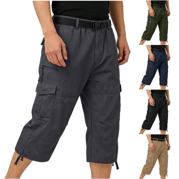 Hinvhai Men's Cargo Shorts Casual Twill Elastic 3/4 Capri Pants Below Knee Long Shorts with Pockets Navy XL(XL)