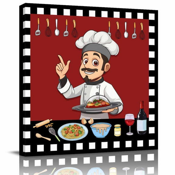 Framed Canvas Wall Art for Living Room Funny Chef Kitchen Wall Decor, Buffalo Plaid Check Red Aesthetic Paintings for Bedroom Office Kitchen Bathroom, Ready to Hang Artwork Wall Pictures 8x8 Inch