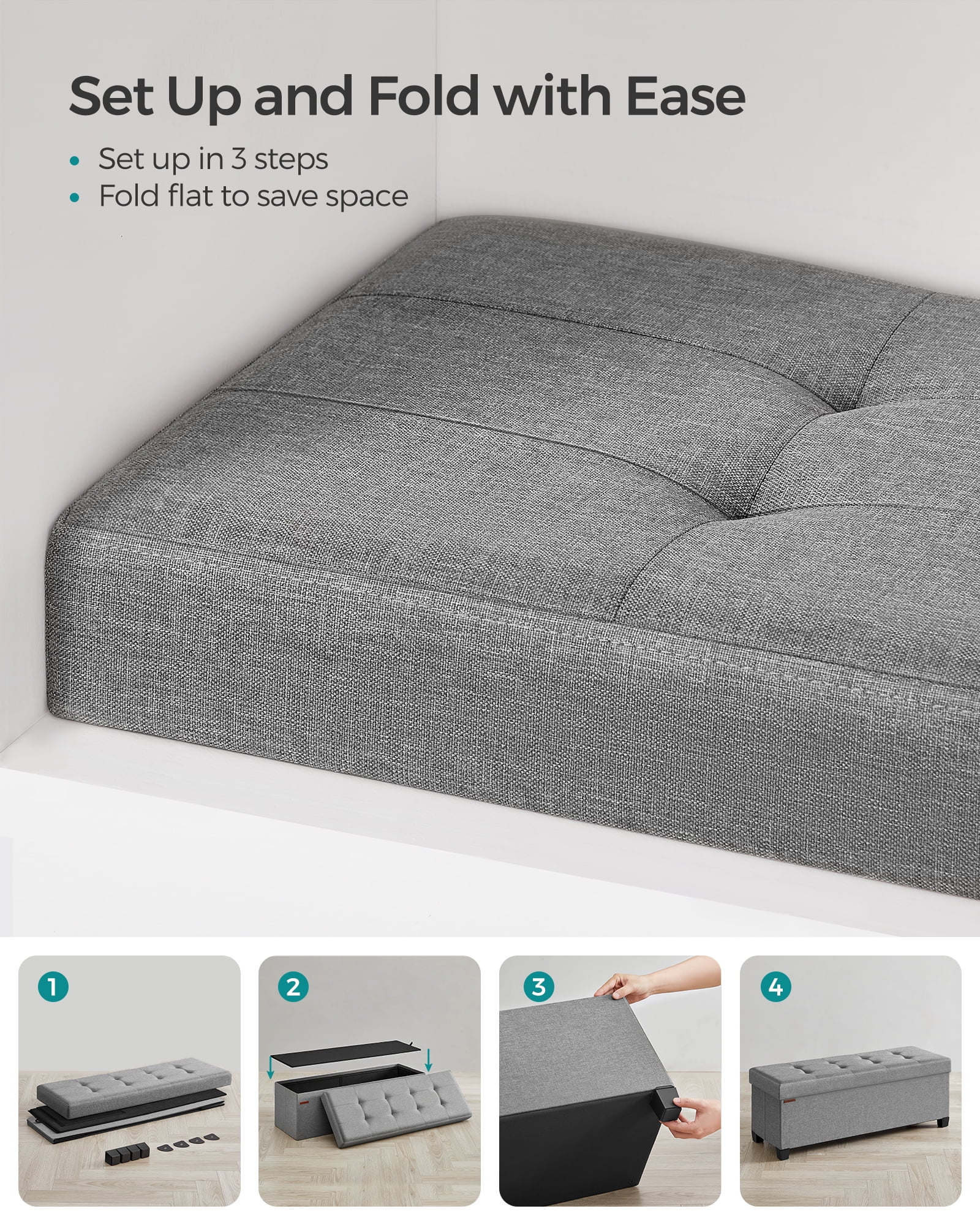 SONGMICS 43.3" Storage Ottoman Bench Ottoman with Storage Coffee Table Holds Up to 660 lb for Living Room Dove Gray