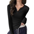 thumbnail image 2 of Women's Cotton Tops Slim Fitted Crew Neck/ V-neck Long Sleeve Base Layer T-Shirts Casual Solid Color Tees (XL, Black|V-neck), 2 of 6