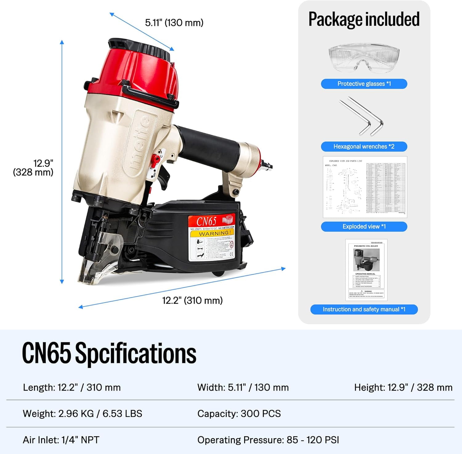meite Pneumatic Coil Decking Nailer CN65, Drives 15 Degree 1-1/2" to 2-1/2" Length Coil Nails for Siding, Sheathing, Fencing, Roofing