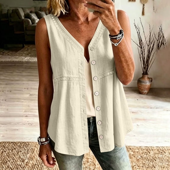Stralyhd Button Down Shirts for Women Sleeveless Loose Fit Color Shirts V Neck Linen Blouses Lightweight Beach Outfits Khaki XL