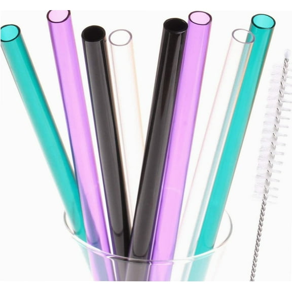 Dakoufish Reusable Smoothie Straws 9 inch Long Wide Mouth Clear Plastic Straight Drinking Straws Set of 8 with Cleaning Brush (mix4color, 9 inch)