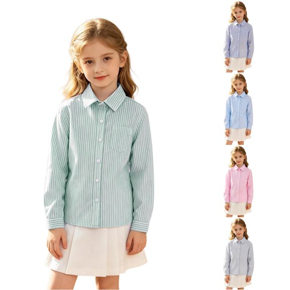 FYDUU Kids Boys Girls Long Sleeve Striped Shirts Children's Button Down Dress Shirts Formal School Uniform Tops Back To School Clothes 8-9 Years