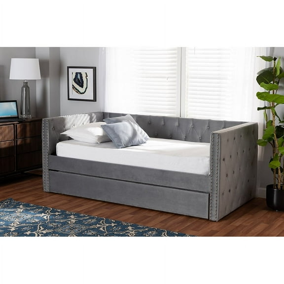 Baxton Studio Larkin Modern and Contemporary Grey Velvet Fabric Upholstered Twin Size Daybed with Trundle