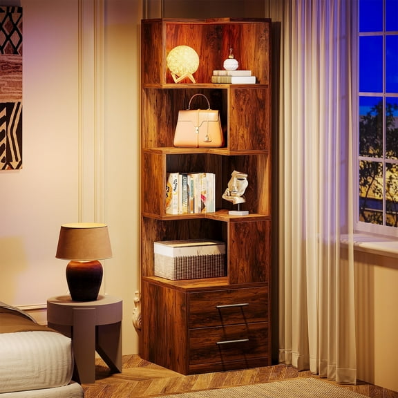 Tribesigns 66.9" Corner Bookshelf with 2 Drawers – 5-Tier Storage Bookcase for Home or Office
