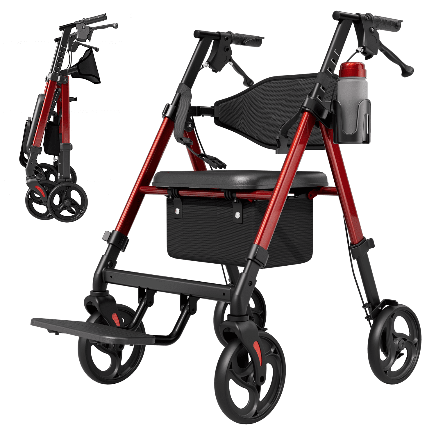 Lightweight Rollator Walkers Wheelchair Combo for Seniors with Seat, 22LBS Foldable Rollator Walker with Footrest, Widened Backrest, Portable Rolling Walkers with Cup Holder & Storage Basket, Red