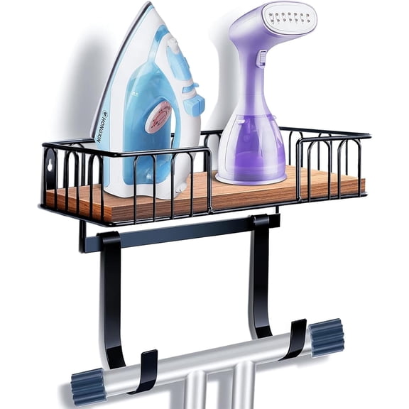 Ironing Board Hanger Metal Wall Mount, Iron and Ironing Board Holder with Large Storage, Laundry Room Decor and Storage Black