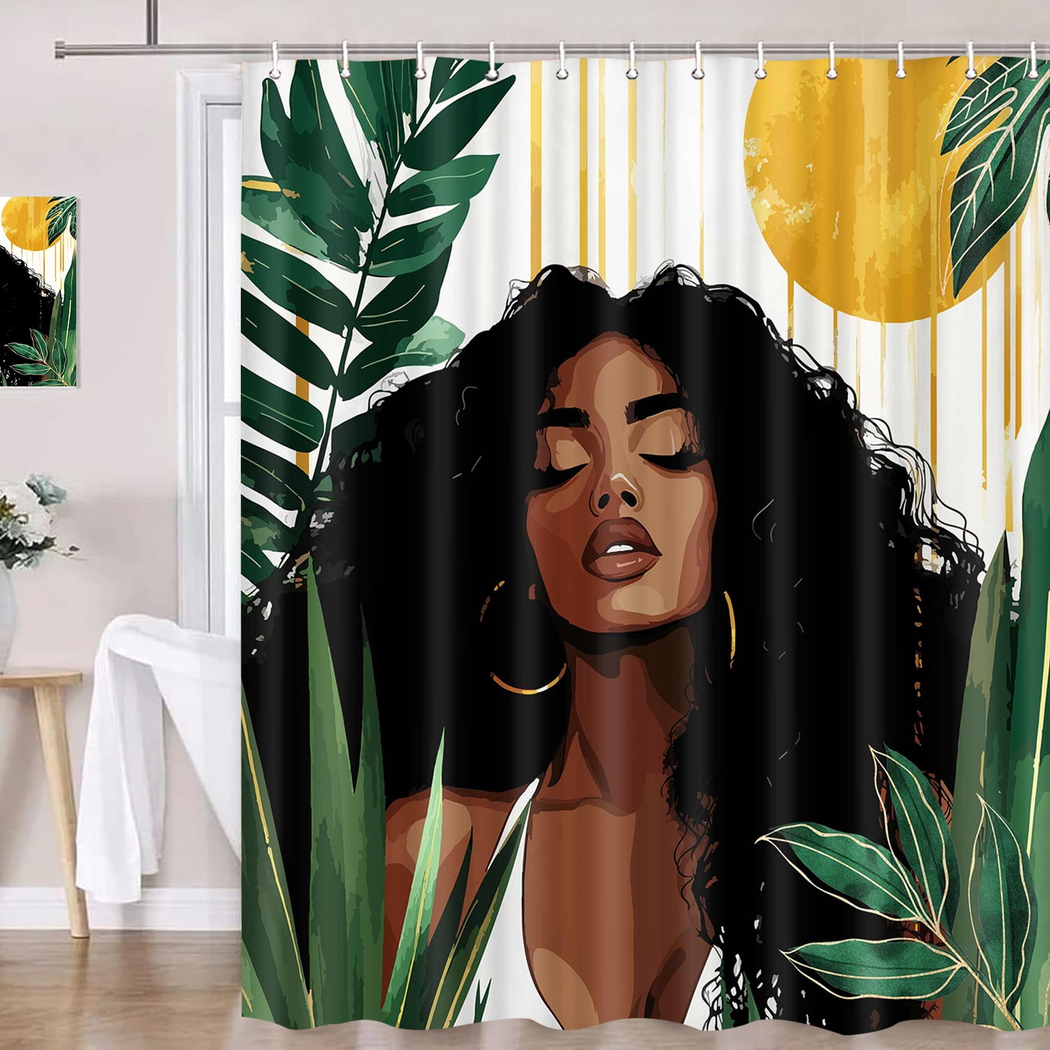 African American Woman Shower Curtain, Sexy Black Girl Lady Bathroom Shower Curtain, Boho Minimalist Art Green Tropical Plant Leaves Modern Bathroom Curtain Set Accessories Decor with Hooks