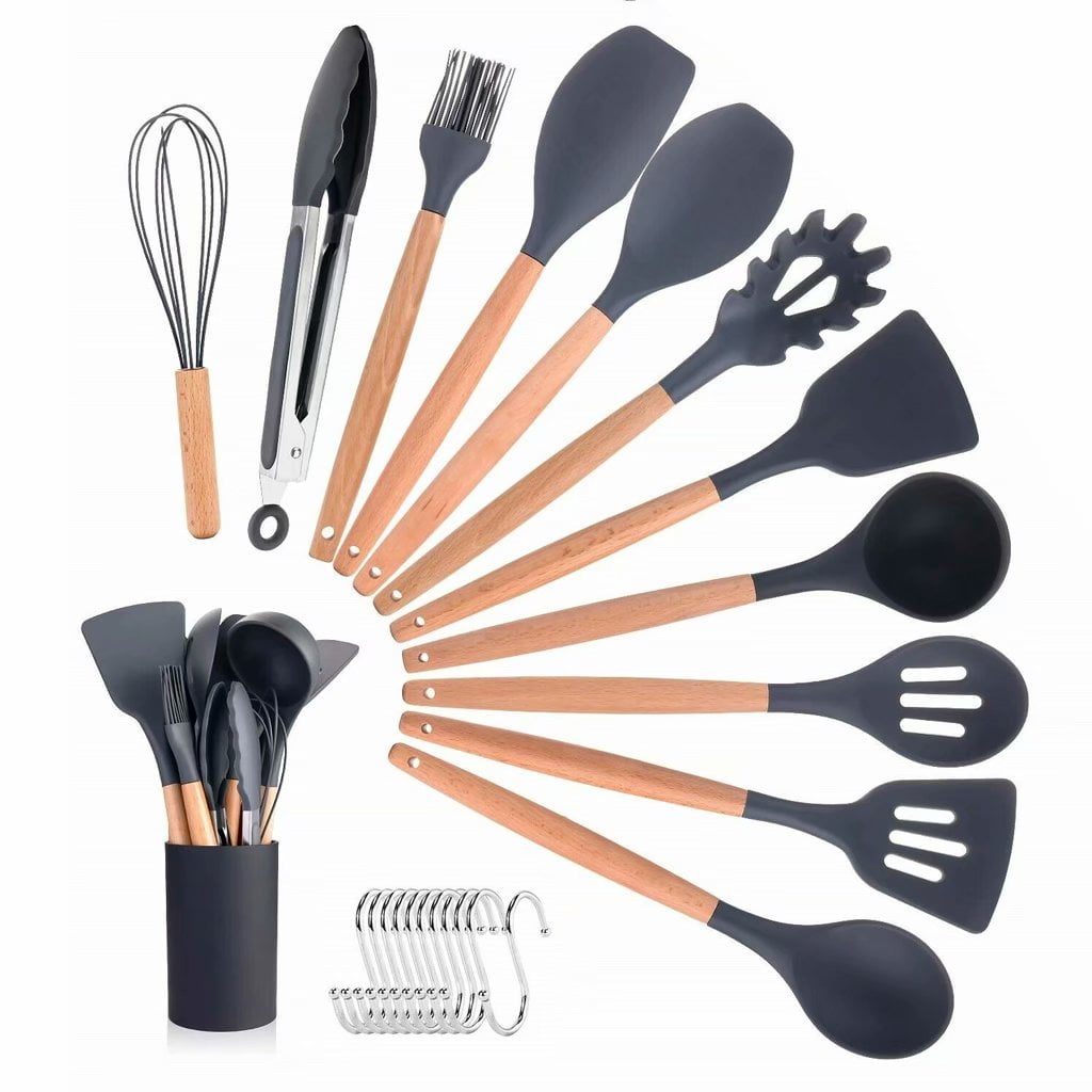 11 Piece Silicone Cooking Utensils Kitchen Utensil Set, with Wooden Handles Black - Walmart.com