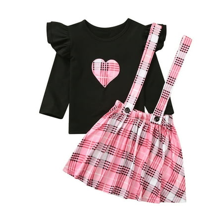 

Toddler Baby Kids Girls Valentine s Day Plaid Tops Suspender Skirt Set Outfits