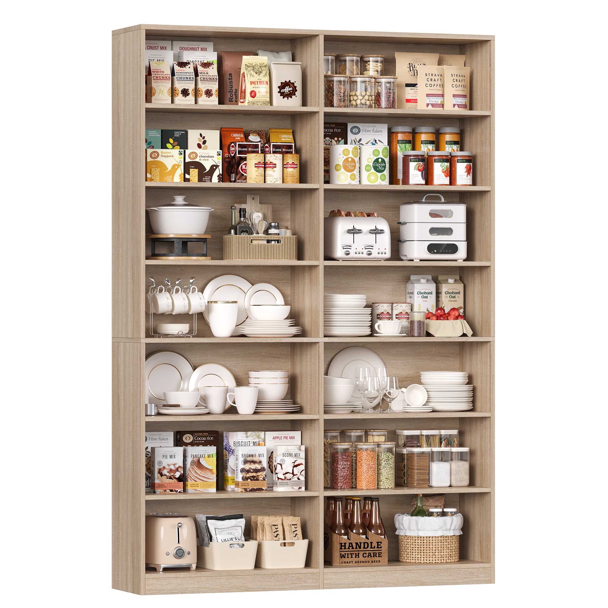 Hiphuta 84" Tall Double Wide 7-Tier Bookcase with 14 Cubes, Large Open Bookcase for Home Office and Living Room, Freestanding Display Book Shelves, Light Oak