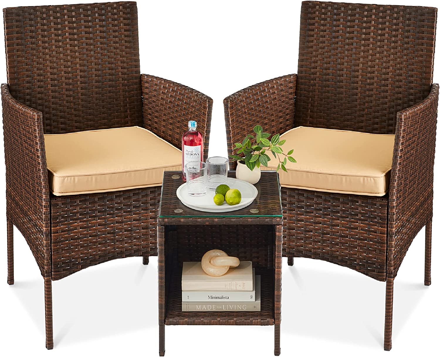 3Piece Outdoor Wicker Conversation Bistro Set, Space Saving Patio