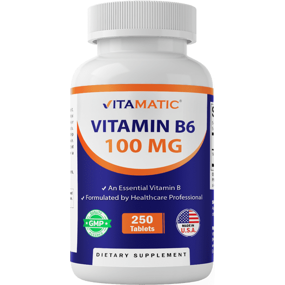 Vitamatic Vitamin B6 (Pyridoxine HCI), 100mg 250 Vegetarian Tablets - Promotes Energy Production, boosts Metabolism and Immune Health Support