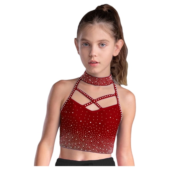 Zaldita Kids Girls Ballet Dance Crop Tank Top Gymnastics Yoga Sports Top Shiny Rhinestone Shirt for Stage Performance Burgundy 12