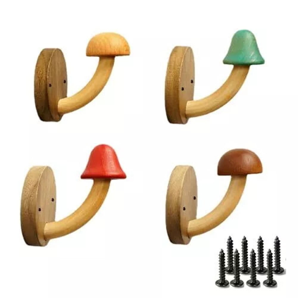 Fun Wooden Mushroom Coat Hook with Expansion Screws Coloured Solid