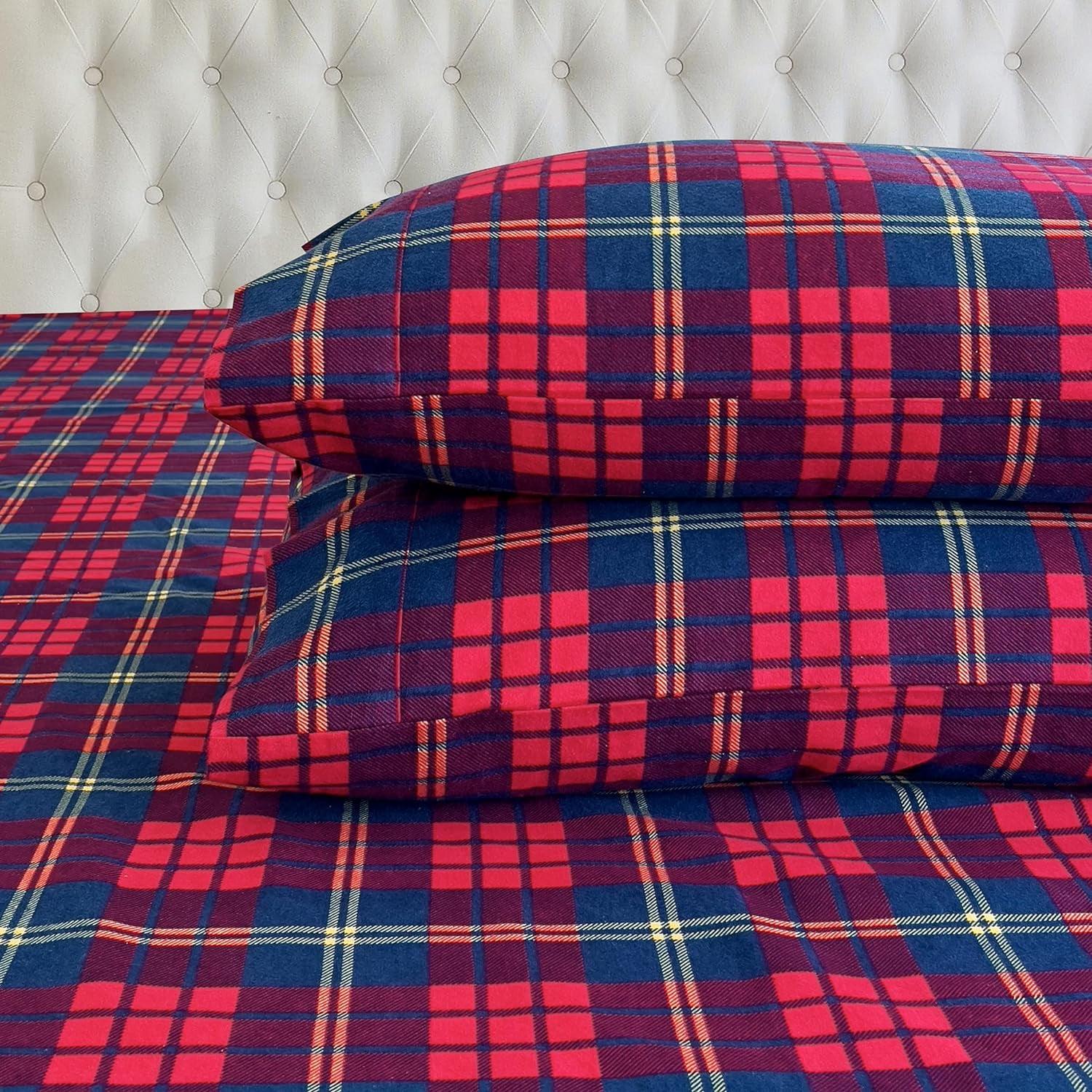 Elegant Comfort Soft 4-Piece Cotton Flannel Sheet Set -Deep Pocket Fitted Sheet, Flannel Sheets - Twin, Plaid-Red/Navy