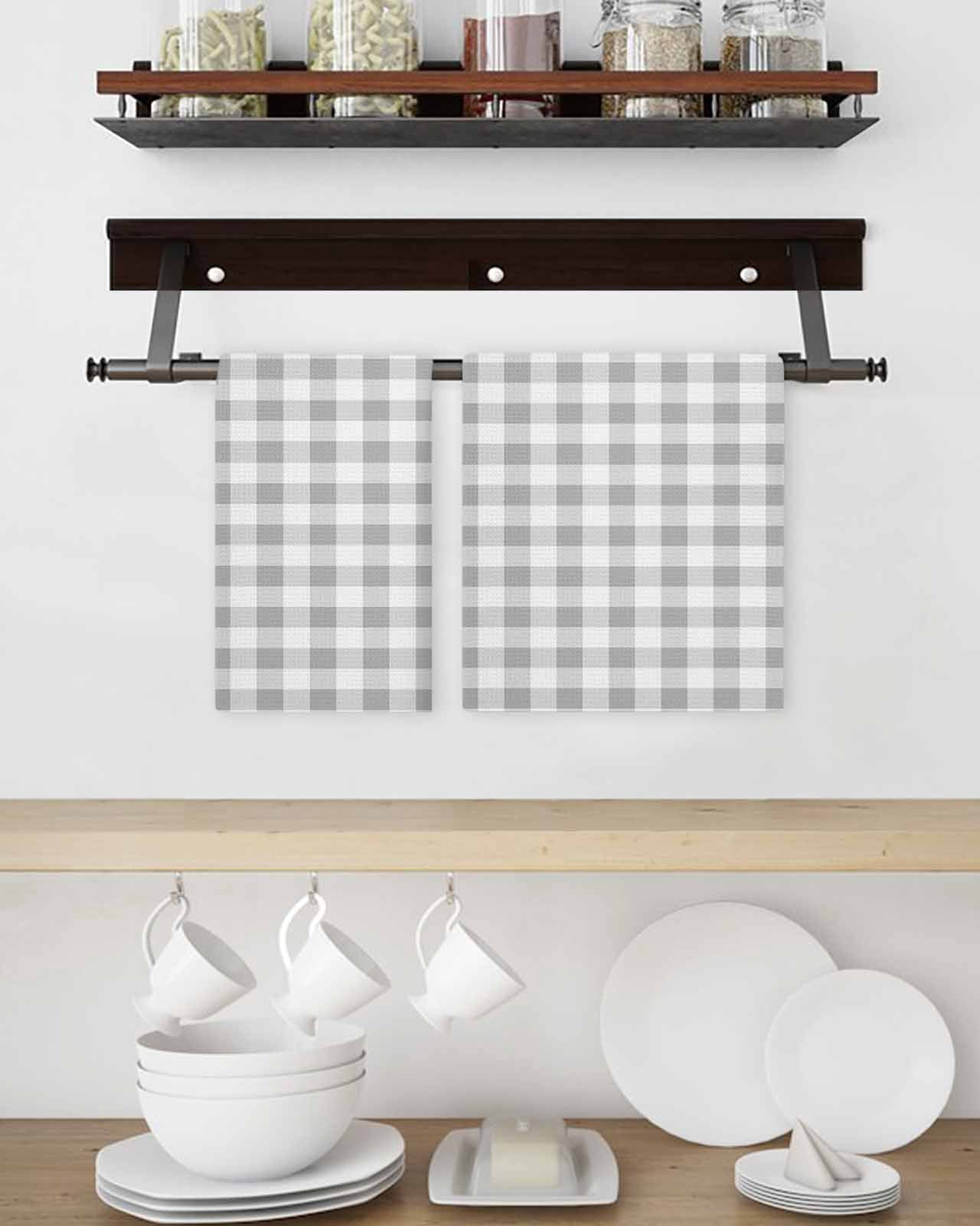 Grey Plaid Kitchen Dish Towels for Drying Dishes Set of 2, Gradient Geometric Buffalo White Checkered Waffle Weave Microfiber Hand Tea Bathroom Towels Quick Dry & Absorbent Towel 15.7x23.6