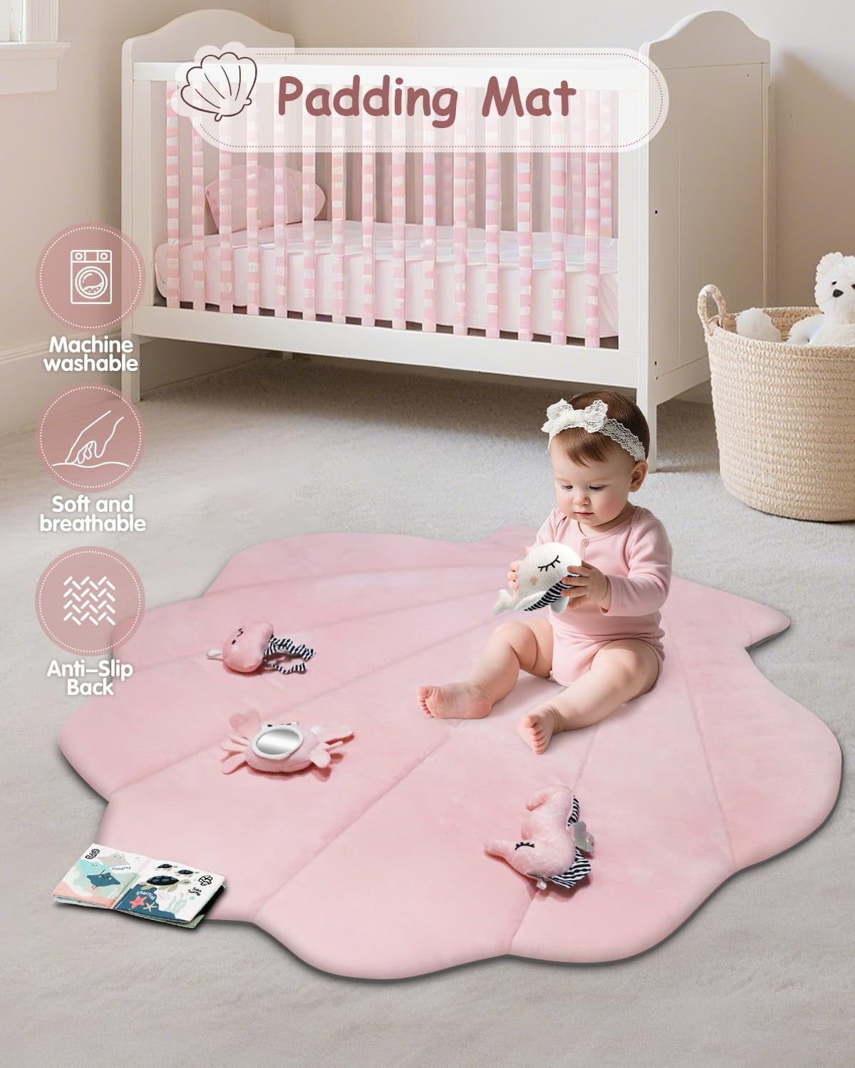 Baby Play Gym Mat, Oversize Tummy Time Activity Mat with 6 Detachable Toys for Infant 0-12 Months Sensory Exploration Skill Development,Pink