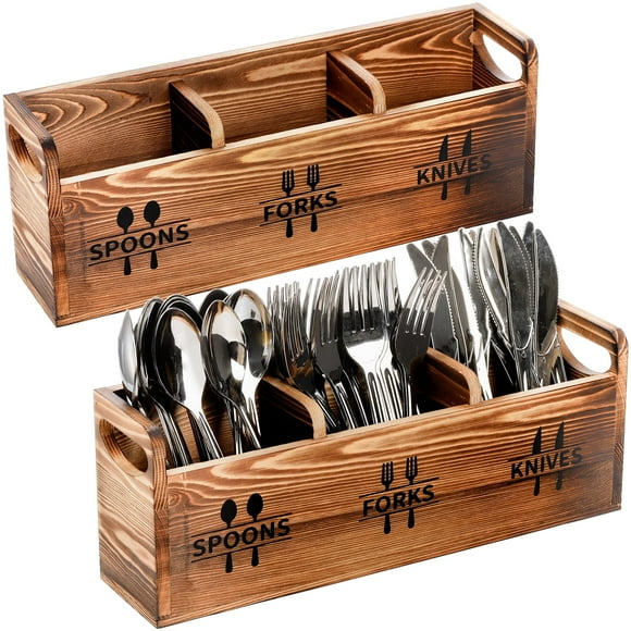 Fasmov 2 Pack Silverware Caddy, Wooden Utensil Caddy Silverware Cutlery Holder with 3 Compartment, Utensil Holder for Spoons, Knives, Forks, Perfect for Farmhouse Kitchen Decor and Coun