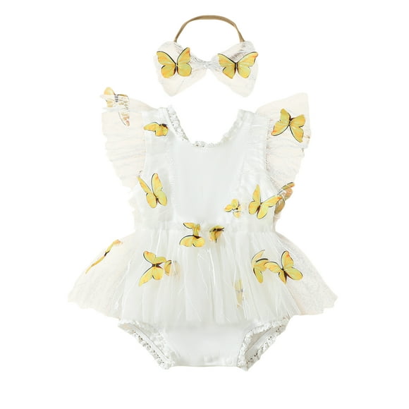 EYIIYE Ensemble d'Été pour Fillette 0-2 Ans Nouveau-Né Combinaison à Manches Volantées Barboteuse Patchwork en Tulle Papillon Justaucorps à Col Ras du Cou avec Bandeau Vêtements Mignons et Doux pour Bébé pour Fête Quotidienne Décontractée