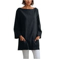 thumbnail image 2 of Soki Womens Linen Long Sleeve Short Dresses Round Neck with Pockets, 2 of 6