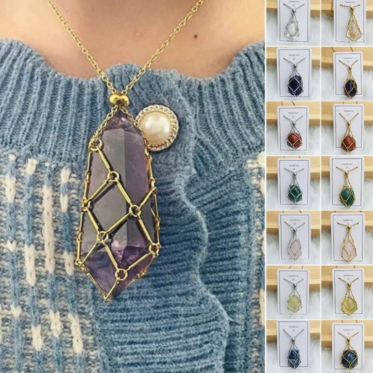 Interchangeable Crystal Holder Necklace Stainless Steel GemStones Cage Necklace Trendy Pendant Necklace for Women Men Necklace Holder for Healing Crystal Walmart