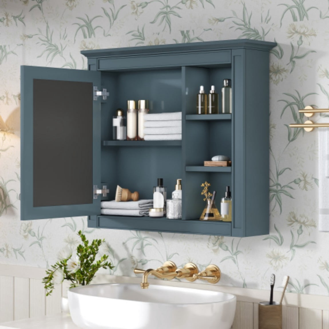 30"x 28" Wall Mounted Bathroom Medicine Cabinet with Mirror, Bathroom Storage Cabinet with Adjustable Shelf & 3 Open Shelves, Modern MDF Mirror Cabinet, Blue