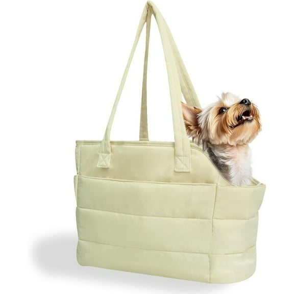 TJOUL Lightweight Dog Purse Carrier for Small Dogs Under 15 lbs, Puffy Quilted Pet Carrier Tote for Puppies with Safety Leash Clip, Women's Hands-Free Dog Carrier Bag for Travel/Shopping (Black)