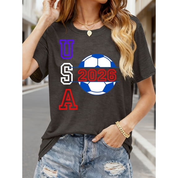USA 2026 Soccer Graphic T-Shirt Women's Patriotic Red White Blue Football Fan Casual Short Sleeve Tee Retro Sports Apparel
