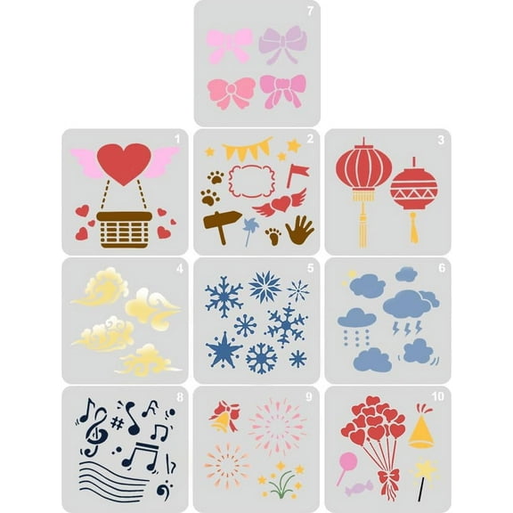 10Pcs Face Paint Stencils Plastic Body Facial Eyes Painting Stencil Reusable Hollow Tattoo Face Tracing Love Heart Lantern Cloud Templates for Party Makeup Holiday Drawing Art DIY Red