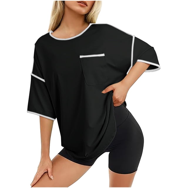 Tops Largos para Leggings Suelto Casual Bolsillo Color Sólido Cuello Redondo Manga Corta Superior, Poliéster