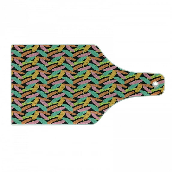 Tropical Cutting Board, Banana Leaves in Different Colors on Dark Background Exotic Fruit Tree Jungle, Decorative Tempered Glass Cutting and Serving Board, Wine Bottle Shape, Multicolor, by Ambesonne