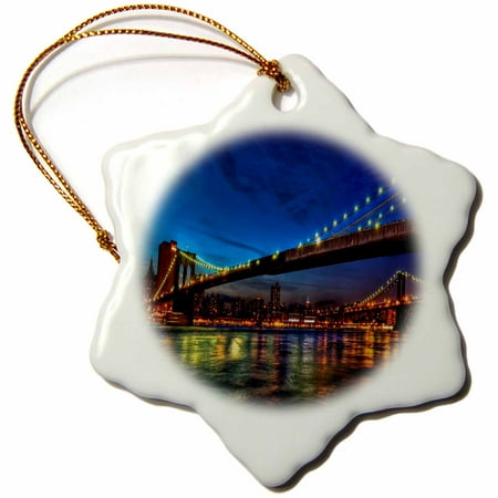 Christmas Decorations In Nyc 3dRose Night time view of Brooklyn Bridge, NYC, Snowflake Ornament, Porcelain, 3-inch ()