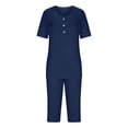 thumbnail image 4 of Njagoc3 2PC Womens Solid Color Neck Short Sleeve Two-pieceButton-Front Loungewear Set Comfortable Home Pajamas Set Sports Set V-Neck Pocketed Top with 7/8 Pants or Shorts, 4 of 6