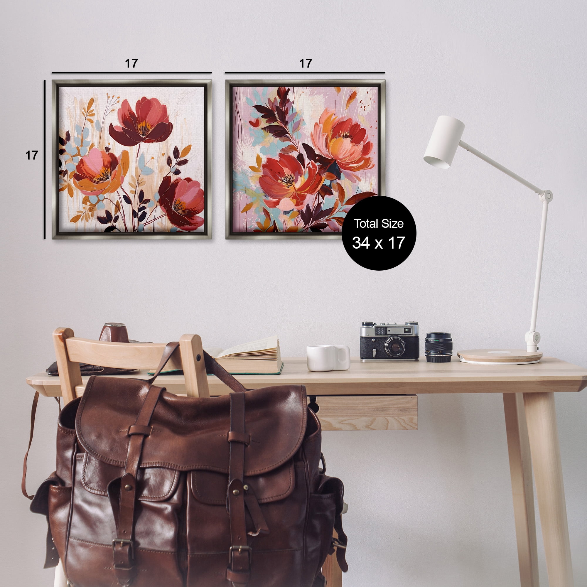 Stupell Industries Red Modern Flowers Botanical & Floral Painting Gray Floater Framed Canvas Art Print Wall Art, 18 x 18, Set of 2