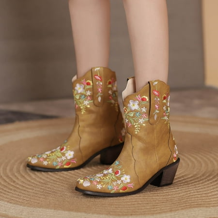 

New Winter Cowboy Boots Embroidered Flowers Thick Heel Ladies Short Boots